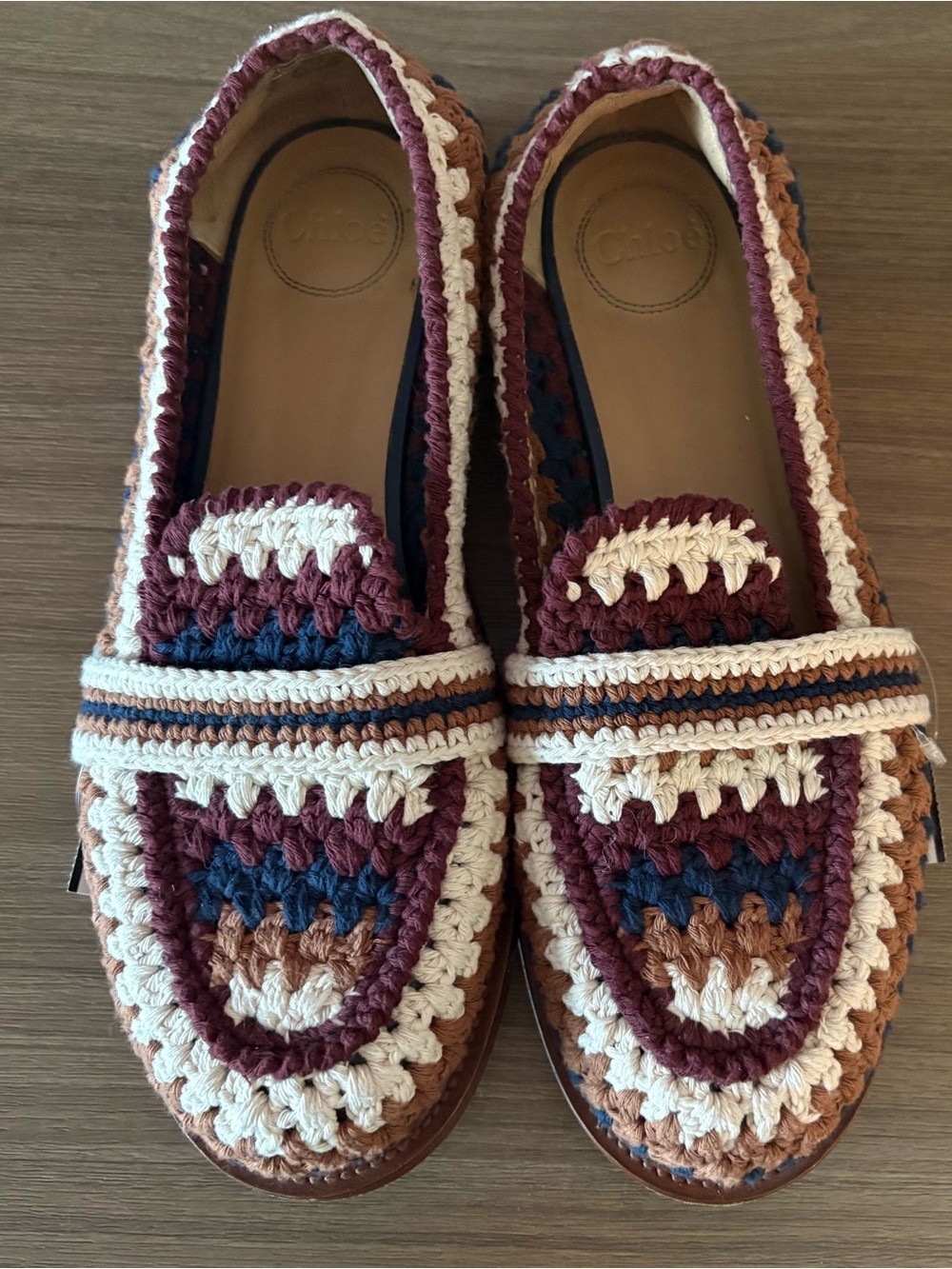 Crochet Stripe Loafers in Burgundy, Cream, Navy & Tan Chloe size 40
